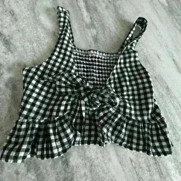 American Eagle Smock Gingham Bow Front Tie Navy blue nautical checkered Top - S - Picture 4 of 10